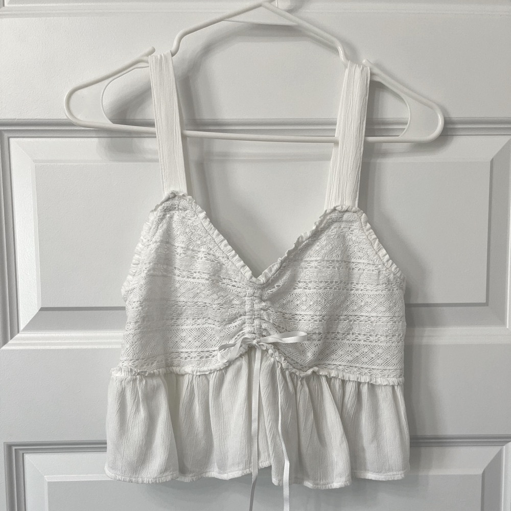 White Lace Trimmed Top - Cropped Length